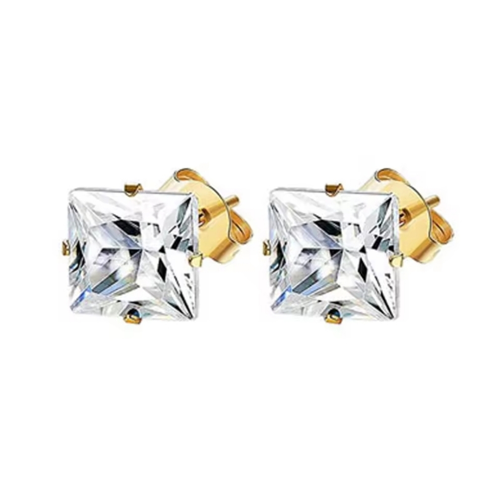 18K Silver Princess Cut Stud Unisex Earrings NEW